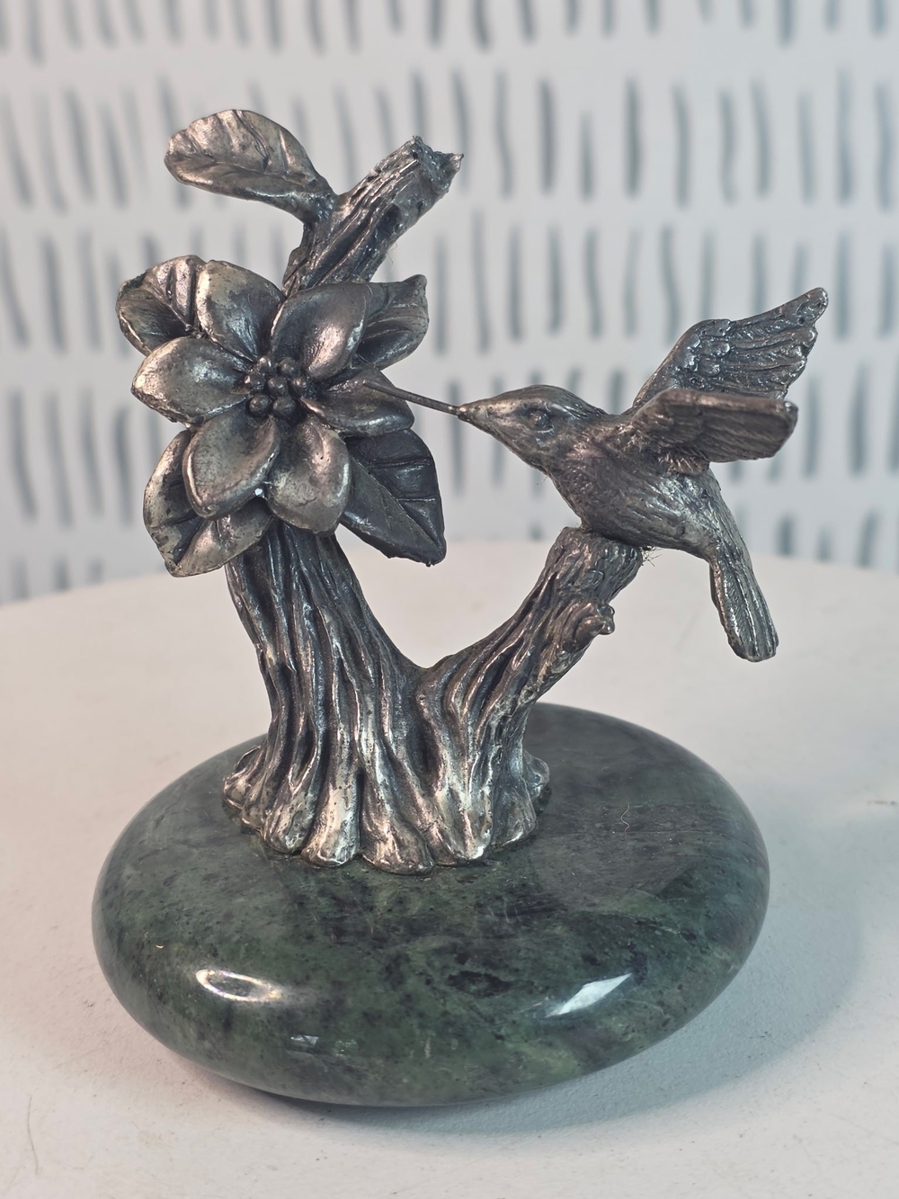 Silver-Tone Hummingbird Flower Sculpture on Green Stone Base